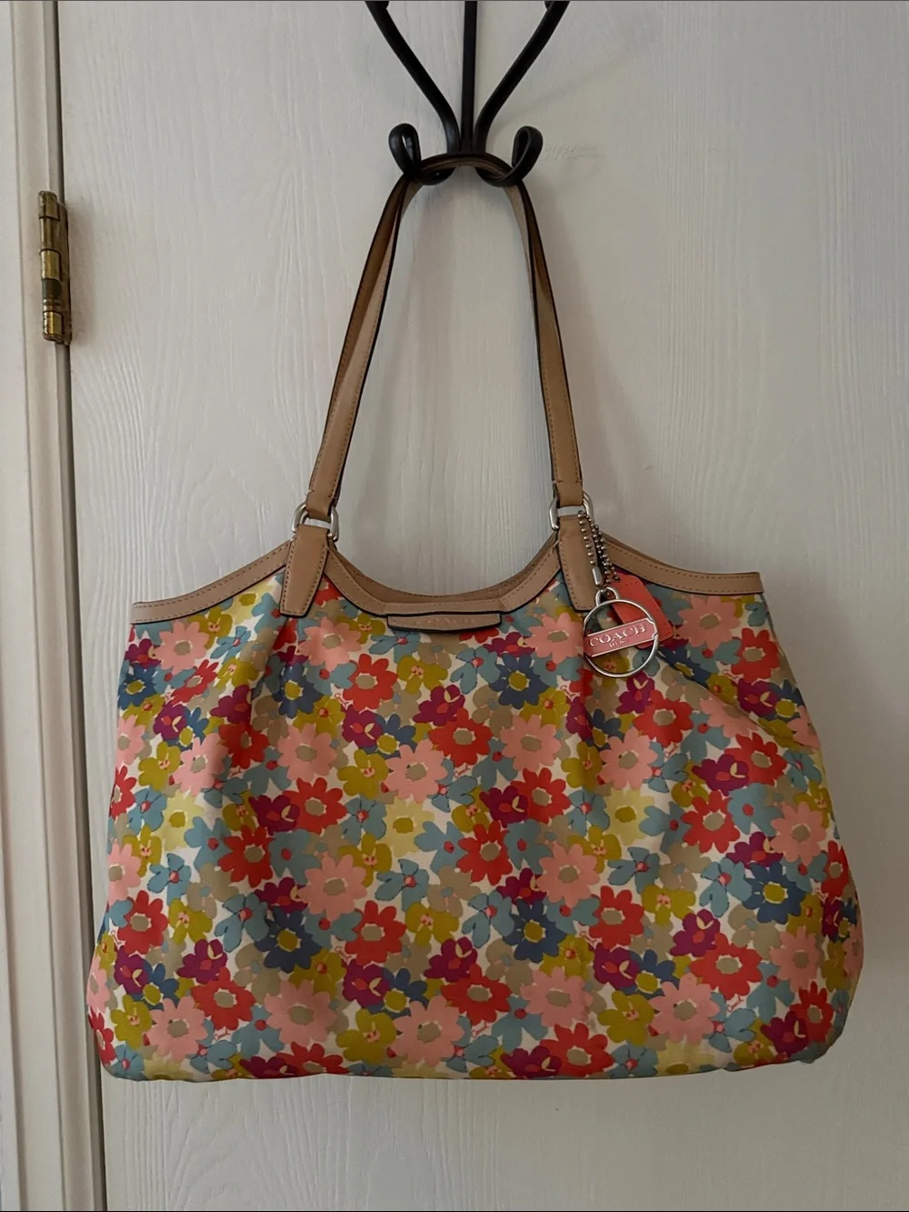 Coach Floral Print Tote in Multi Colors with Tan Trim
